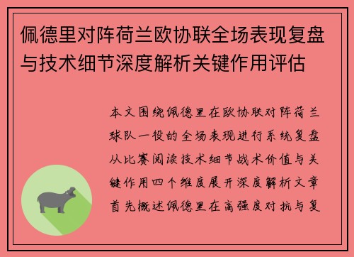 佩德里对阵荷兰欧协联全场表现复盘与技术细节深度解析关键作用评估